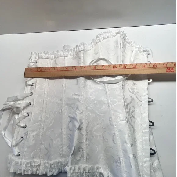 White Brocade Corset Bustier Lace Trim Ribbon Tie Boned Cincher Wtchycore Small - Picture 2 of 7
